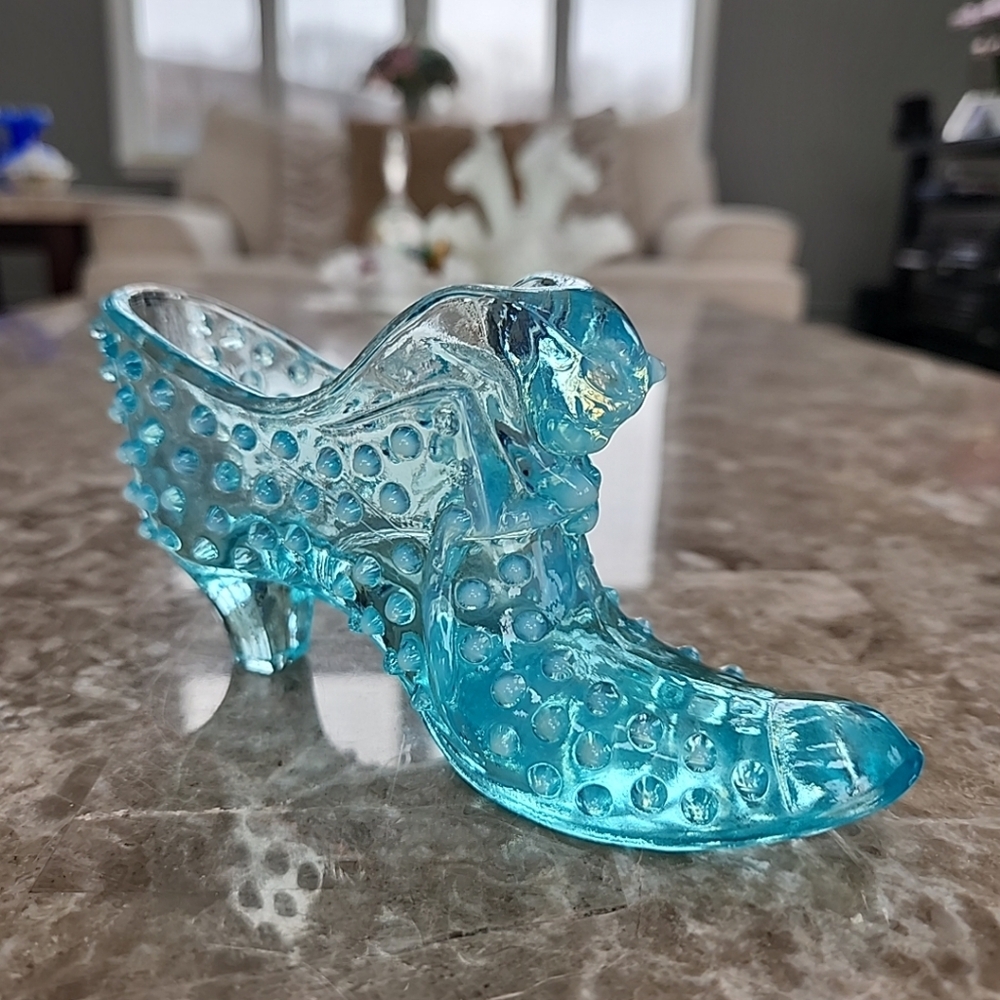 Vintage Blue Opalescent Hobnail Glass Slipper
